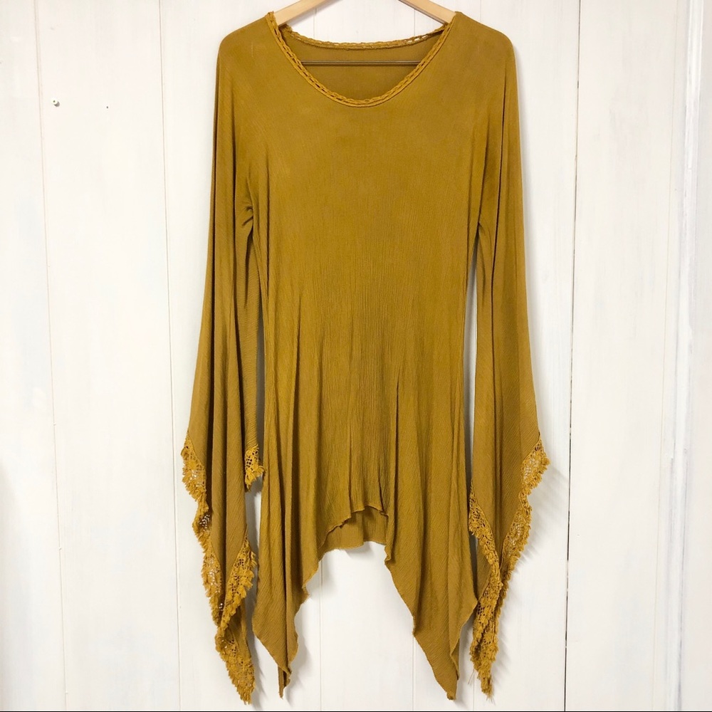 Boho Mustard Long Sleeve Tunic w Fringe Detail - Picture 1 of 5